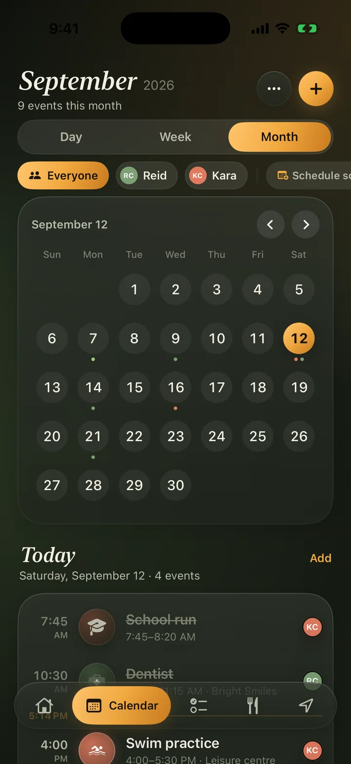 Month view with colored dots for each person's events