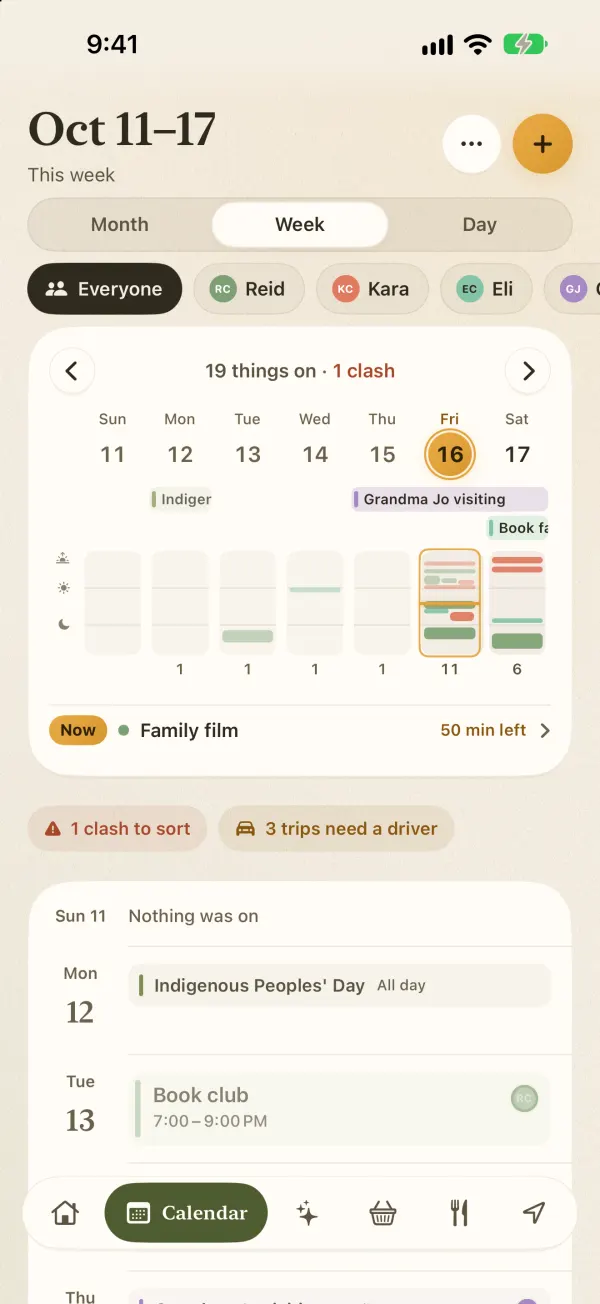 FamSync week view with a color for each family member and a clash warning