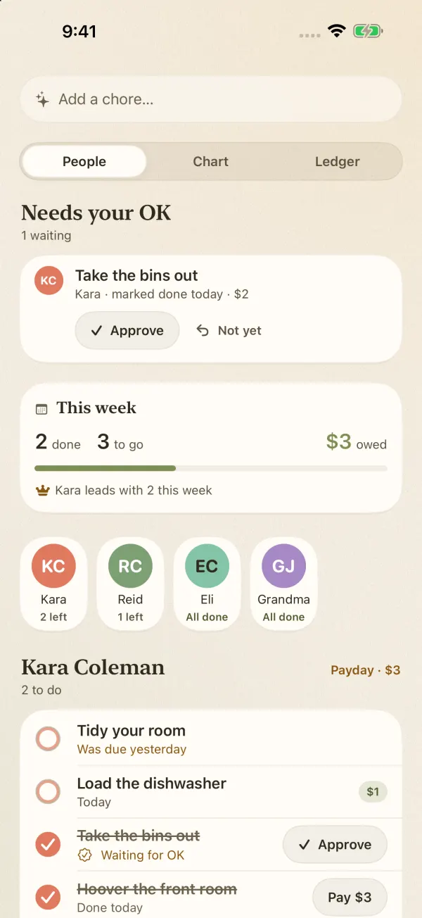 FamSync chore chart showing a chore waiting for parent approval and a weekly allowance total