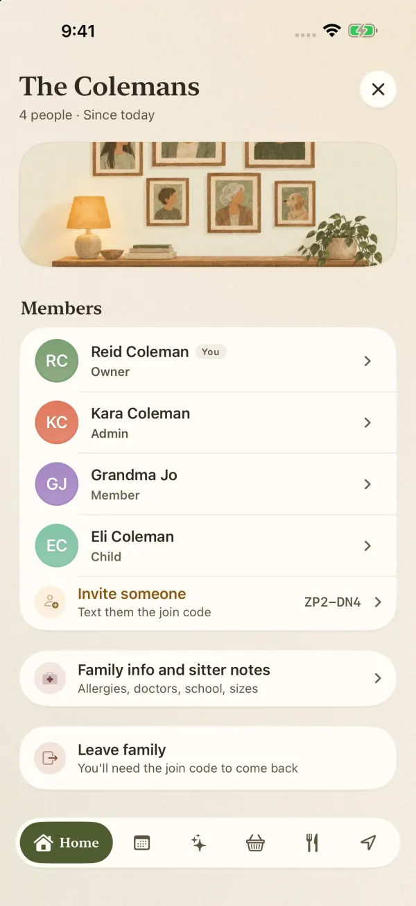 FamSync family screen with members, a join code and family info and sitter notes