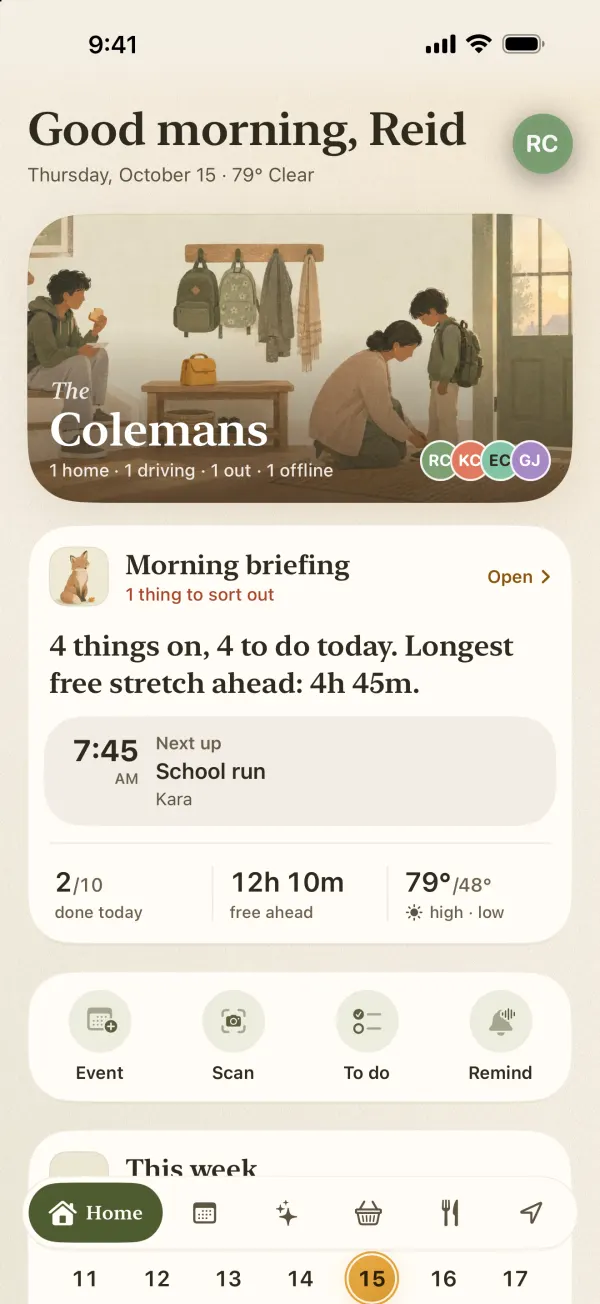 FamSync home screen with the morning briefing and the next event