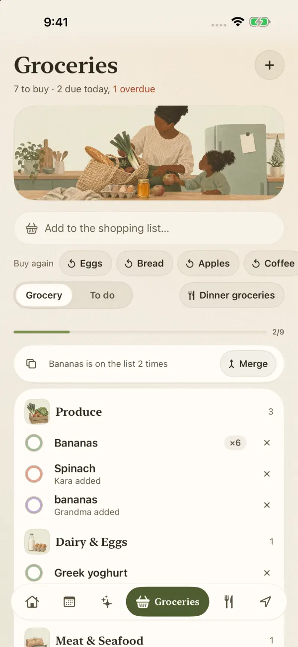 FamSync grocery list grouped by aisle with a duplicate warning and buy-again chips