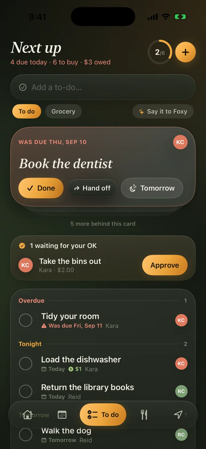 To do screen with a next-up card, chores awaiting approval, and overdue tasks