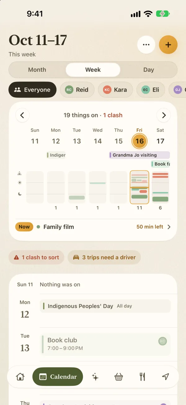 FamSync week calendar with a color for each family member and a clash flagged