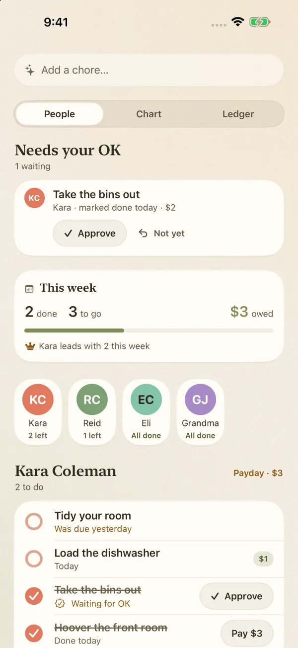 Chore chart with a chore waiting for a parent's OK and this week's allowance total