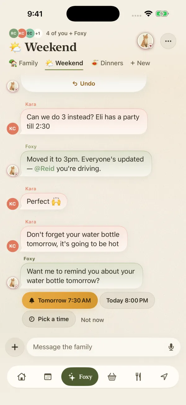 Family chat with Foxy moving an event and offering a reminder
