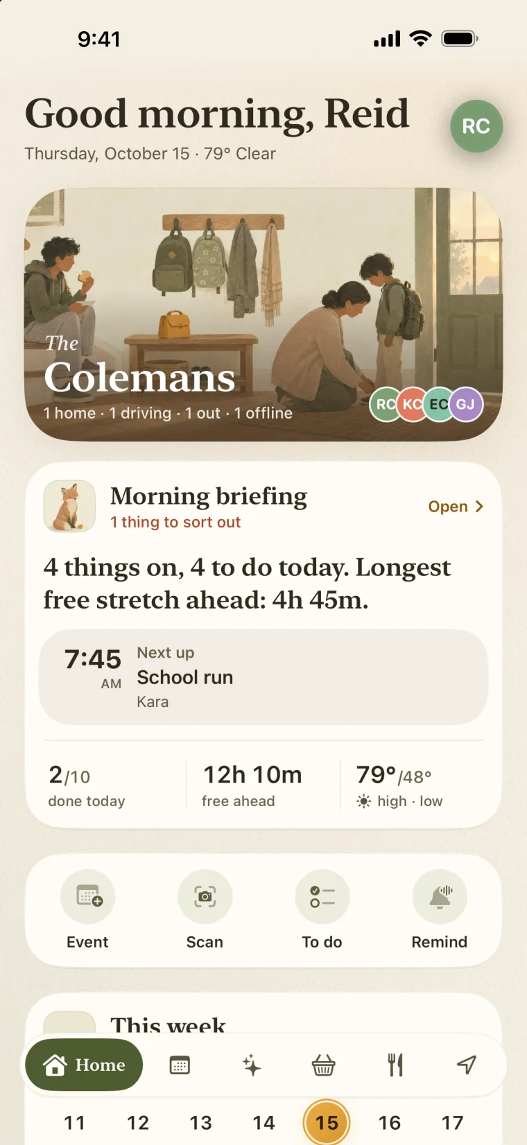 FamSync home screen: good morning, the family's status, a morning briefing with the next school run, and today's numbers