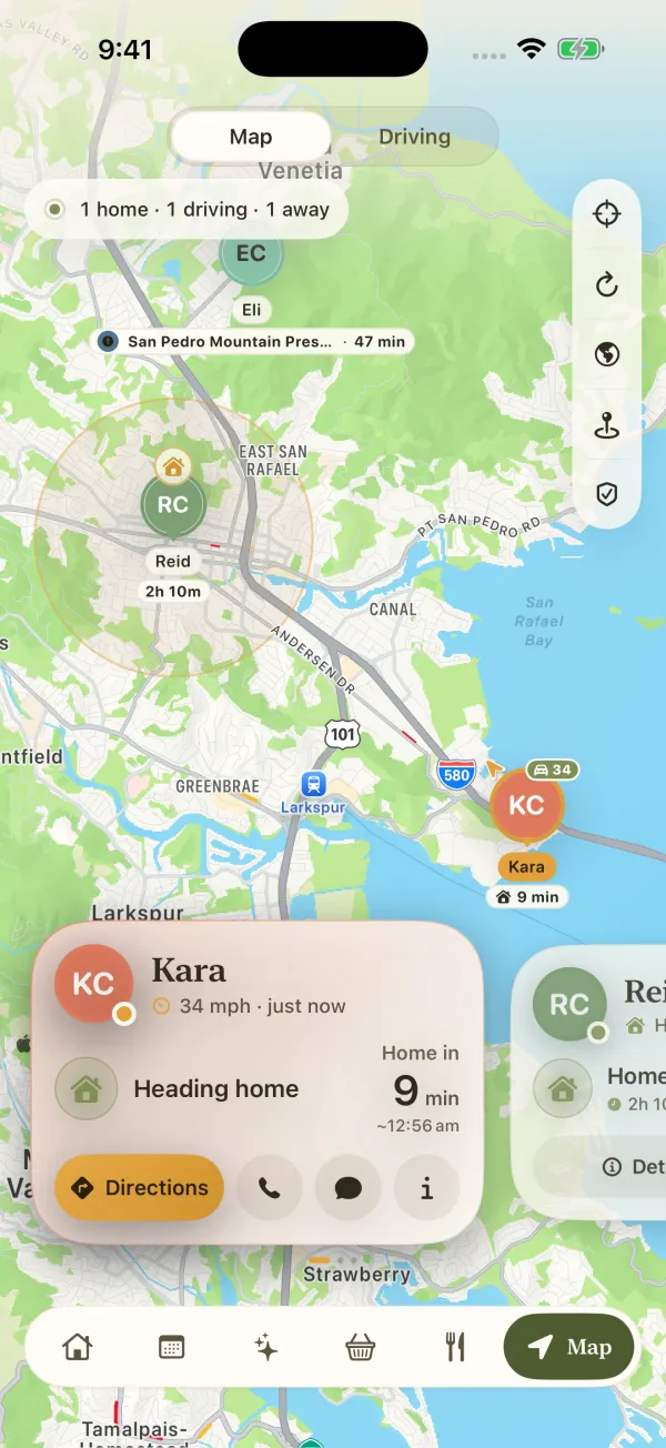Family map showing Kara heading home at 34 mph, home in 9 minutes
