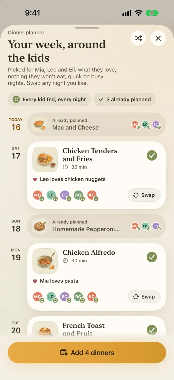 Meal planner showing a week of dinners with which kid loves each one