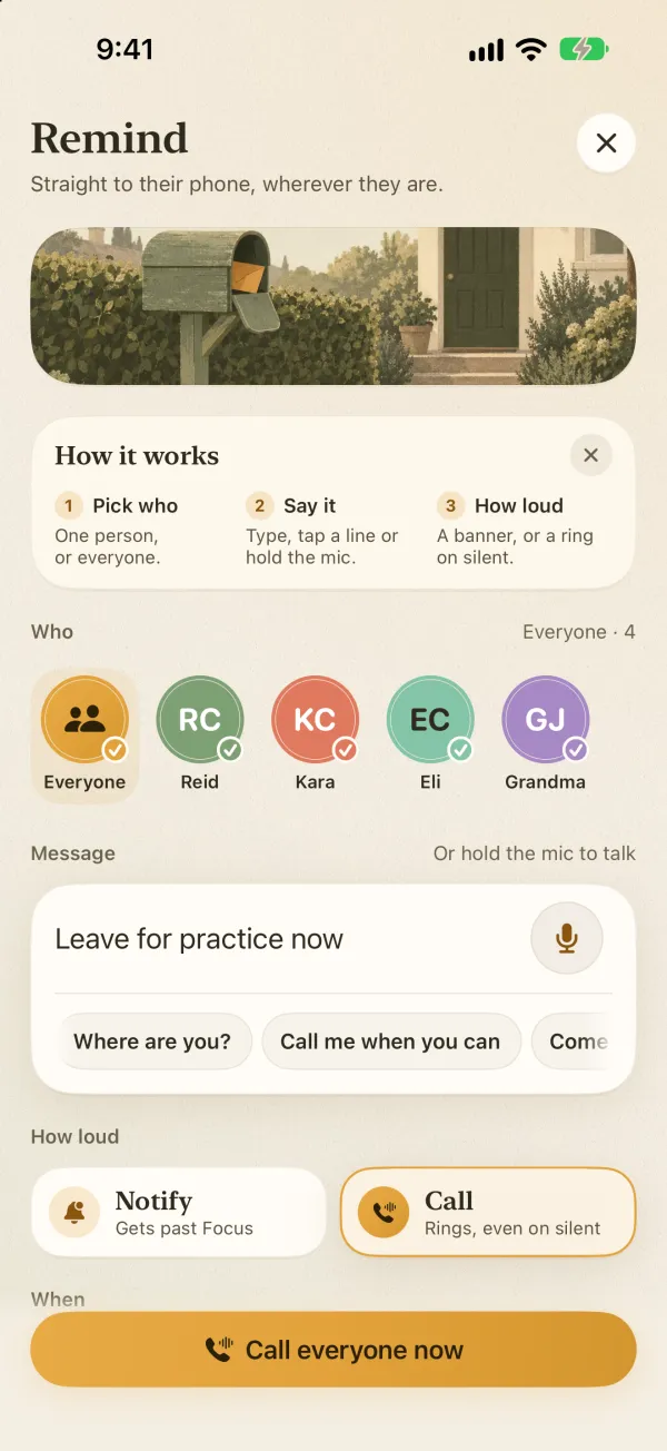 Remind screen: pick who, type the message, and choose Notify or Call, which rings even on silent