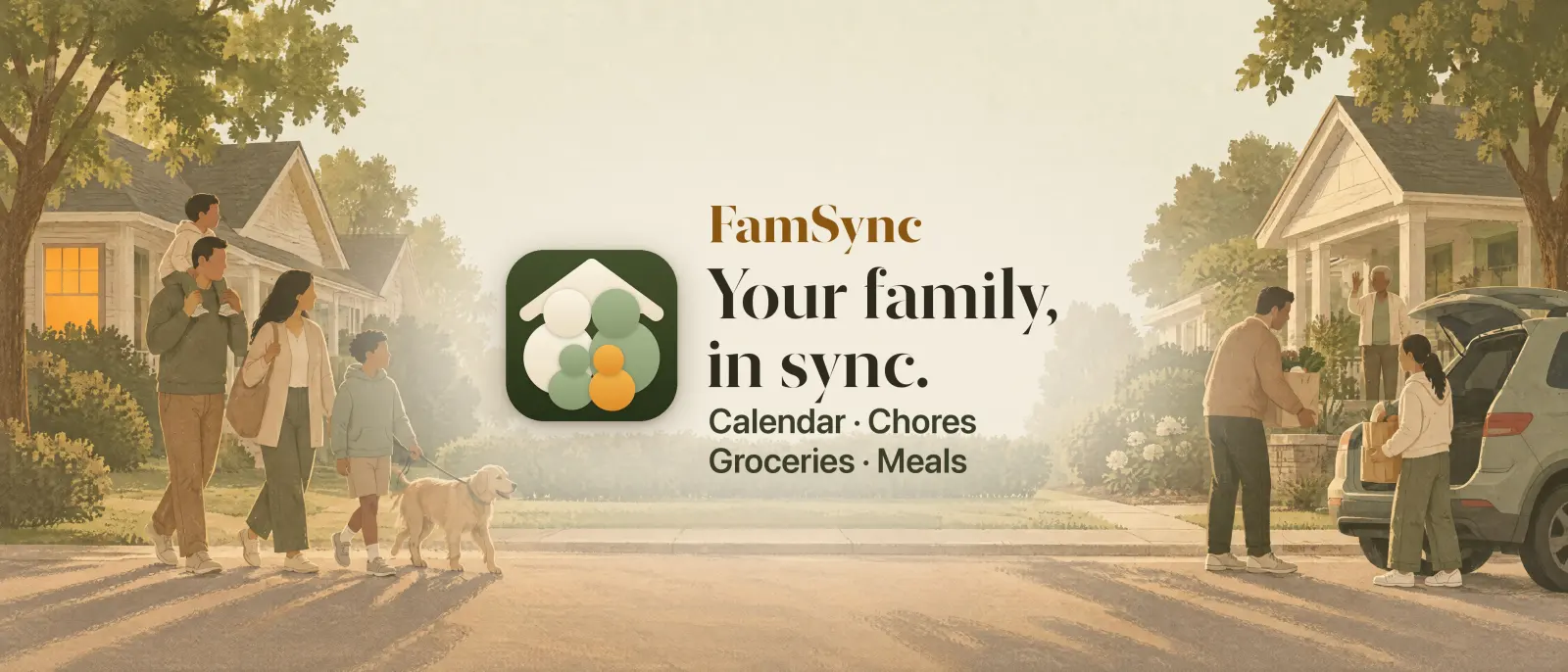 FamSync banner: Your family, in sync. Calendar, chores, groceries, meals.